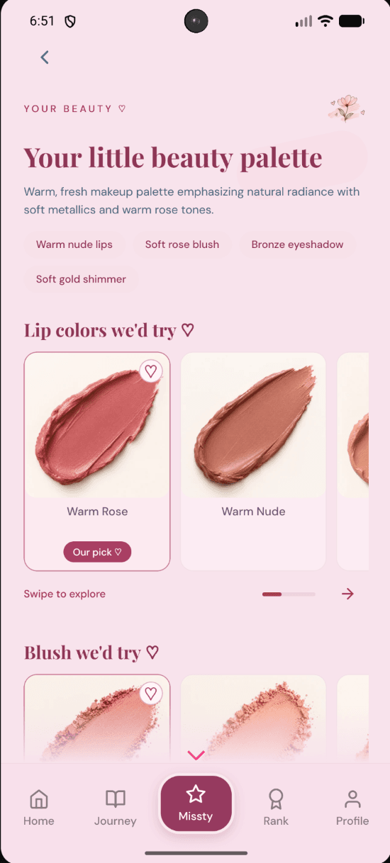 Missty Beauty recommendations with lipstick and blush references