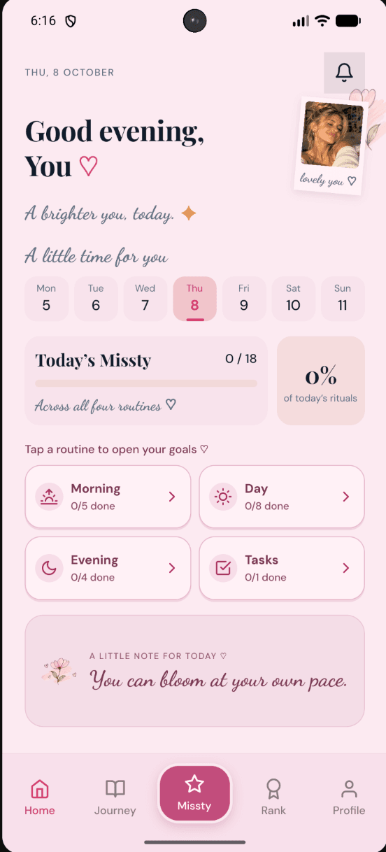 Missty Home preview with routines and daily progress