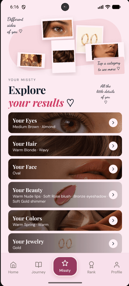 Missty discovery screen with personalized result categories